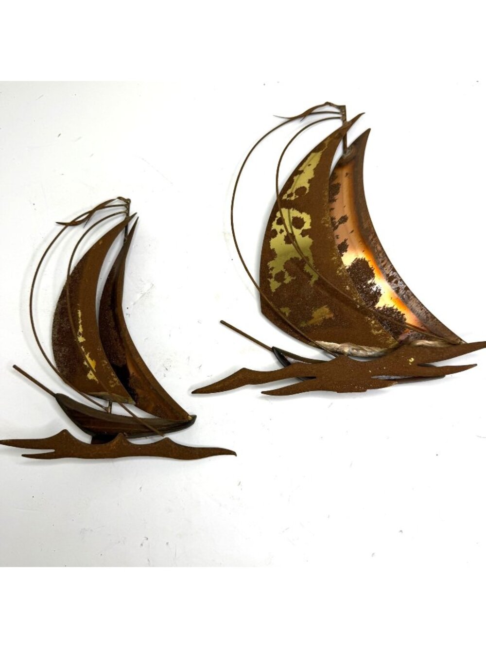 Vintage MCM Metal Sailboat Wall Art Mid Century Modern Nautical Brass Copper Set